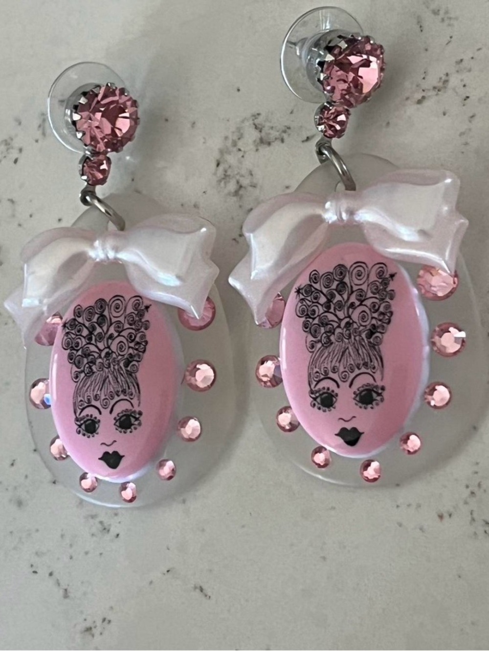 Tarina Tarantino Pink and White Bow Portrait Drop Earrings - Picture 3 of 7